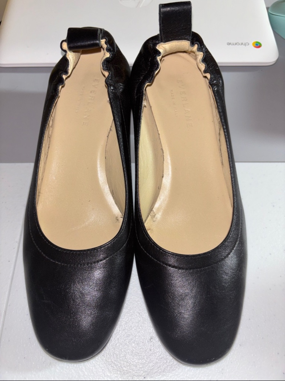 Everlane Black Leather Ballet Flats with Elastic Back Strap